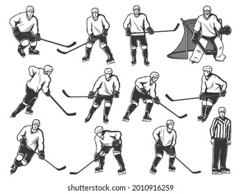 Ice hockey players vector set of isolated sport team players and referee on rink with sticks, pucks, skates and goal gate. Goaltender, forwards and defensemen wearing uniform, helmets and gloves