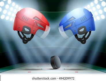 Ice hockey Poster with helmets and puck. Horizontal Background night stadium in the spotlight. Editable Vector Illustration.