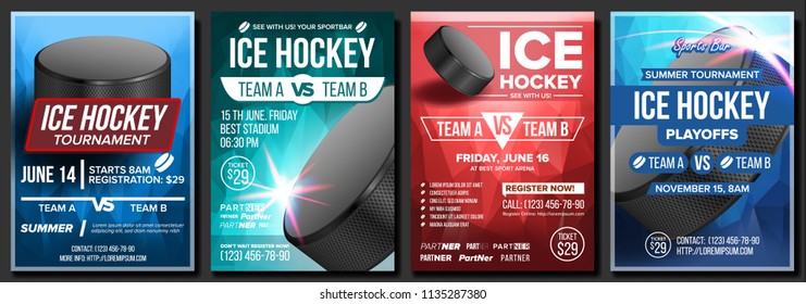 Ice Hockey Poster Set Vector. Design For Sport Bar Promotion. Ice Hockey Puck. Modern Tournament. Sport Event Announcement. Game. Cafe, Bar, Pub Banner Advertising. Winter. Label Template 