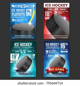 Ice Hockey Poster Set Vector. Design For Sport Bar Promotion. Ice Hockey Puck. Modern Tournament. Sport Event Announcement. Banner Advertising. Label Template Illustration
