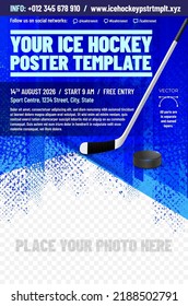 Ice hockey poster template with stick, puck and place for your photo - vector illustration