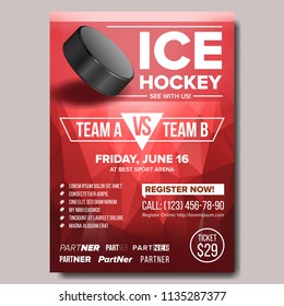 Ice Hockey Poster Vector. Ice Hockey Puck. Vertical Design For Sport Bar Promotion. Flyer. Winter. Cafe, Bar, Pub Advertising, Invitation Template Illustration