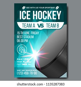 Ice Hockey Poster Vector. Sport Event Announcement. Vertical Banner Advertising. Professional League. Cold. Ice Game. Tournament Event Label Illustration
