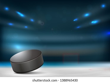 Ice hockey puck in hockey arena with goal, tribunes and lights in blurred background - vector illustration