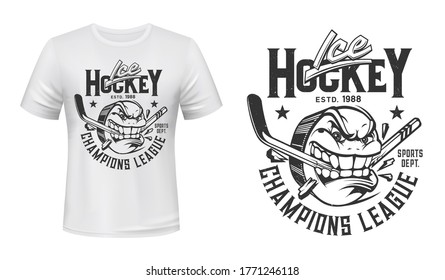 Ice hockey puck and broken stick t-shirt print vector template. Puck mascot with angry face biting, breaking a stick with teeth, lettering illustration. Ice hockey club apparel custom design mockup