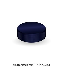 Ice hockey puck. Close up view of symbol of winter sport, recreation, activity. Vector illustration isolated on white background