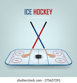 Ice hockey puck and crossed sticks on hockey field background. Vector EPS10 illustration.