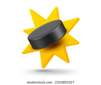 Ice hockey puck with explosion effect. 3d vector mobile application icon with notification