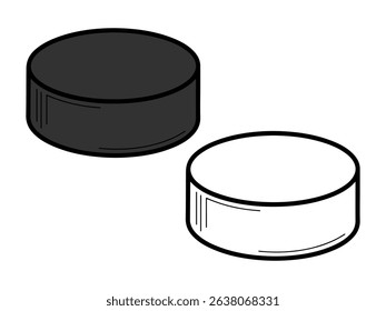 Ice hockey puck illustration, with one solid black version and one black and white outline. Ideal for sports graphics or coloring pages.