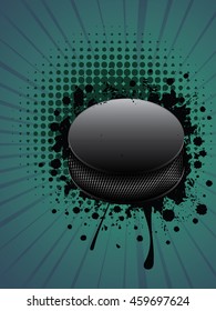 Ice hockey puck on grunge background with colorful rays.