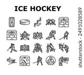 ice hockey puck stick sport icons set vector. rink arena, stadium player, skate goal, sign athlete, badge light, winter, game ice hockey puck stick sport black contour illustrations