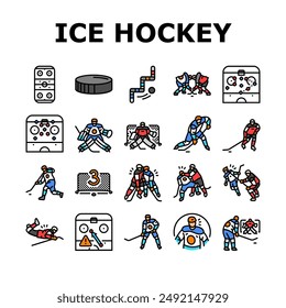 ice hockey puck stick sport icons set vector. rink arena, stadium player, skate goal, sign athlete, badge light, winter, game ice hockey puck stick sport color line illustrations