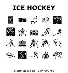 palo de hockey sobre hielo iconos deportivos conjunto de Vector. pista de patinaje, jugador de estadio, meta de patín, atleta de signo, luz de la insignia, invierno, juego palo de hockey sobre hielo palo de glifo pictograma Ilustraciones