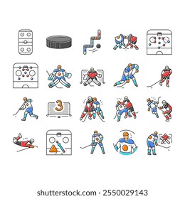 Eishockey Puck Stick Sport Icons Set Vektor. Eisbahn-Arena, Stadionspieler, Skate-Tor, Schild Athlet, Badge Licht, Winter, Spiel Eishockey Puck Stick Sport Farbe Linie Illustrationen