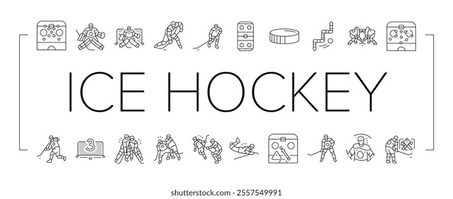 ice hockey puck stick sport icons set vector. rink arena, stadium player, skate goal, sign athlete, badge light, winter, game ice hockey puck stick sport black contour illustrations