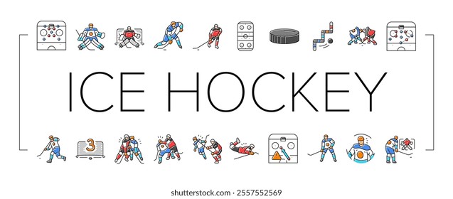 ice hockey puck stick sport icons set vector. rink arena, stadium player, skate goal, sign athlete, badge light, winter, game ice hockey puck stick sport color line illustrations