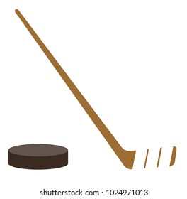 Ice hockey puck and hockey stick vector cartoon illustration isolated on white background.