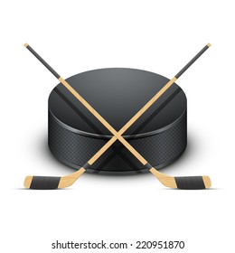 Ice Hockey puck and sticks. Sport symbol. Vector Illustration isolated on white background