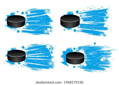 Ice hockey pucks on ice, banner or hokey club flag, vector blue badges. Ice hockey match and league team sport championship cup emblems with puck on blue halftone background with stars