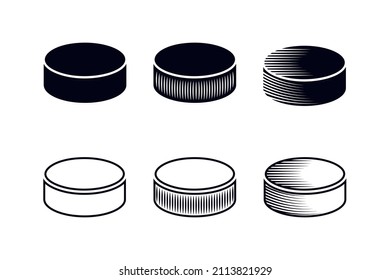 Ice hockey pucks set. Set of silhouette, outline, line icons for sports, logo, winter games design isolated on white background