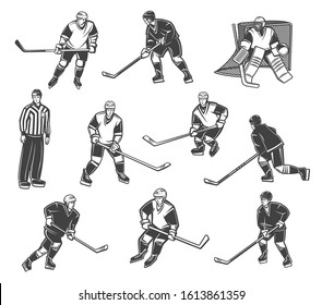 Ice hockey referee and players in motion, vector characters. Professional ice hockey sport team goalkeeper, forward and defender in professional hockey equipment, puck, stick and helmets