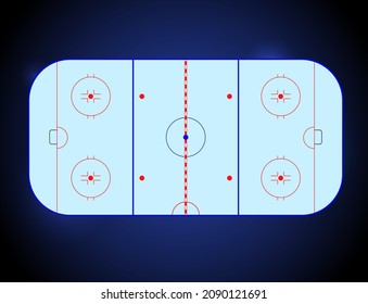 Ice hockey rink isolated flat vector illustration. Winter sport games, competition on the ice arena. Top view on the playground. Strategy template, scheme for players. Graphic marking of playing field