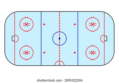 Ice hockey rink isolated flat vector illustration. Winter sport games, competition on the ice arena. Top view on the playground. Strategy template, scheme for players. Graphic marking of playing field