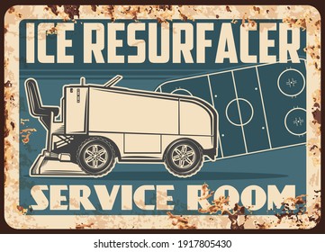 Ice Hockey Rink Resurfacer Rusty Metal Plate. Ice Resurfacer For Hockey Rink Cleaning And Smoothening Vector. Winter Sport Arena Or Stadium Service Vehicle Retro Banner With Rust Texture