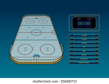 Ice hockey rink, scoreboard and game statistic vector illustration