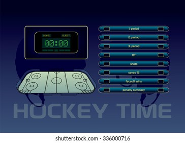 Ice hockey rink, scoreboard and game statistic vector illustration