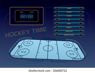 Ice hockey rink, scoreboard and game statistic vector illustration