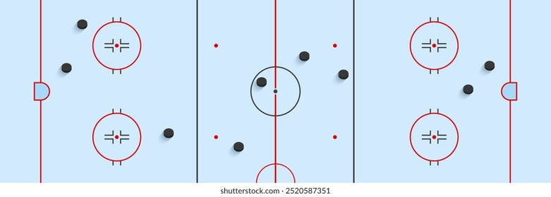 Ice hockey rink top view vector illustration. Winter sports wallpaper design. hockey pucks and field on a blue background with markup for competition designs. Sporting activities backdrop