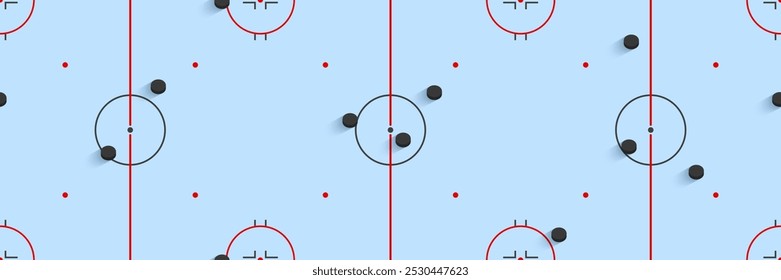 Ice hockey rink top view seamless vector illustration. Winter sports repeated wallpaper design. hockey pucks and field on a blue background with markup for sporting activities backdrop.