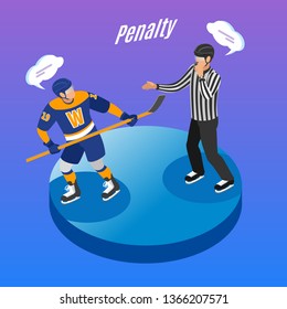 Ice hockey round isometric degrade background composition with referee sending offending player in penalty box vector illustration