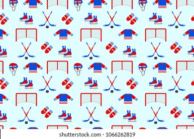 Ice hockey samless pattern. Vector background. Men's ice hockey repeated texture. Wallpaper for winter sports designs, clothes prints. Puck, stick, skates, helmet, uniform, gloves, gate. Blue and red