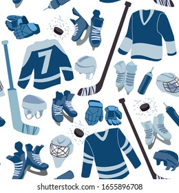 El hockey sobre hielo sigue un patrón sin fisuras dibujado a mano. Puck, equipo de hockey con bastón de hockey. Vector de juego invernal ilustración aislada en fondo blanco.