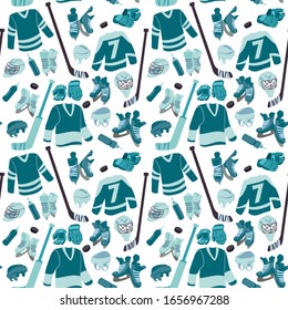 Ice Hockey seamless hand drawn pattern. Puck, equipment of hockey player with hockey-stick. Winter game sport vector flat isolated illustration on white background.