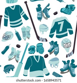 Ice Hockey seamless hand drawn pattern. Puck, equipment of hockey player with hockey-stick. Winter game sport vector flat isolated illustration on white background.