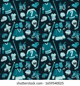 Ice Hockey seamless hand drawn pattern. Puck, equipment of hockey player with hockey-stick. Winter game sport vector flat isolated illustration on dark blue background.