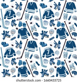 Ice Hockey seamless hand drawn pattern. Puck, equipment of hockey player with hockey-stick. Winter game sport vector flat isolated illustration on white background.