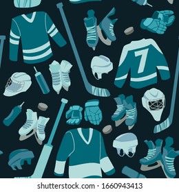 Ice Hockey seamless hand drawn pattern. Puck, equipment of hockey player with hockey-stick. Winter game sport vector flat isolated illustration on dark blue background.