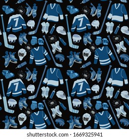 Ice Hockey seamless hand drawn pattern. Puck, equipment of hockey player with hockey-stick. Winter game sport vector flat isolated illustration on dark blue background.