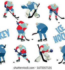 Ice Hockey seamless hand drawn pattern players and lettering. Forwards, defenders, goalkeepers in action game poses. Winter game sport vector flat isolated illustration.