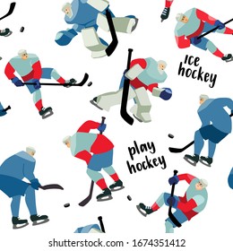 Ice Hockey seamless hand drawn pattern players and lettering. Forwards, defenders, goalkeepers in action game poses. Winter game sport vector flat isolated illustration.