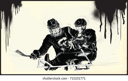ICE HOCKEY. From the series SILENT HEROES - Athletes with physical disabilities. An hand drawn vector. Note - Any accurate photo original for this picture, original is created by me.