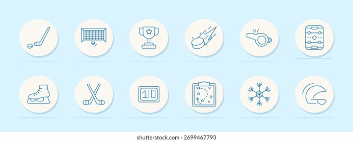 Ícone do jogo de hóquei no gelo. Ícones com contornos circulares que mostram disco, pau, gol, patins, assobio, táticas, floco de neve, placar, troféu e mesa de hóquei no ar em estilo de linha minimalista