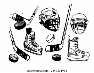 Hockey sobre hielo, ilustración de boceto de Vector, patines, disco, casco, dibujado a mano, contorno negro