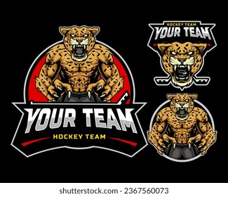Ice Hockey Shield Emblem Badge Club logo with a mascot combination of a jaguar head and half a body. set of three logo combinations