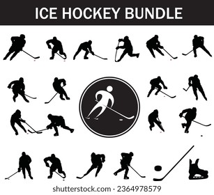 Ice Hockey Silhouette Bundle | Collection of Ice Hockey Players with Logo and Ice Hockey Equipment