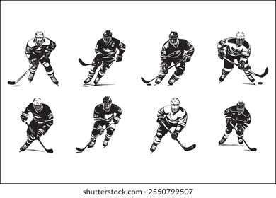 Eishockey-Silhouetten, Eissport, Spieler, Hockey-Vektorkunst, Sport-Silhouetten, Hockey-Design, Eisbündel, Clipart, Vektorgrafiken, Skating-Silhouetten